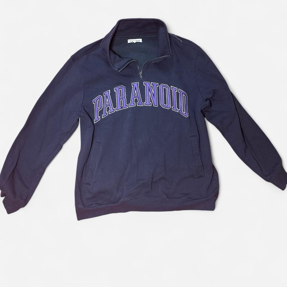 “PARANOID” Navy Quarter Zip Mens Medium Sweatshirt with Purple embroidery
